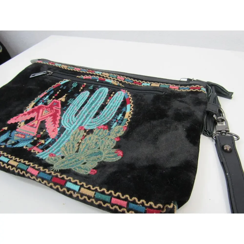 Savanna Jane Black Suede Embroidered Wristlet Clutch Bag Cactus Western